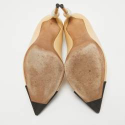 Pre Owned Chanel Beige/Black Leather And Fabric Faux Pearl Cap Toe Pointed Toe Pumps Size 38