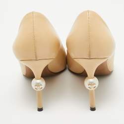 Pre Owned Chanel Beige/Black Leather And Fabric Faux Pearl Cap Toe Pointed Toe Pumps Size 38