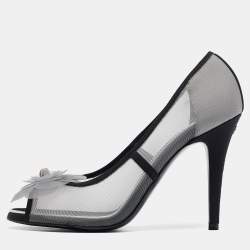 Pre Owned Chanel Grey/Black Mesh CC Bow Pumps Size 38