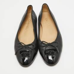 Chanel Black Leather and Patent CC Cap Toe Bow Ballet Flats Size 39