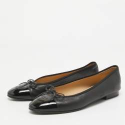 Chanel Black Leather and Patent CC Cap Toe Bow Ballet Flats Size 39