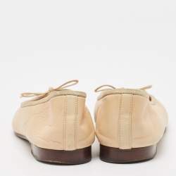 Pre Owned Chanel Beige/Black Leather CC Cap Toe Ballet Flats Size 36.5