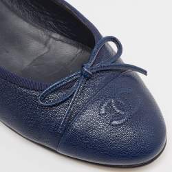 Pre Owned Chanel Navy Blue Leather Cap Toe CC Ballet Flats Size 38.5