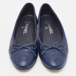 Pre Owned Chanel Navy Blue Leather Cap Toe CC Ballet Flats Size 38.5