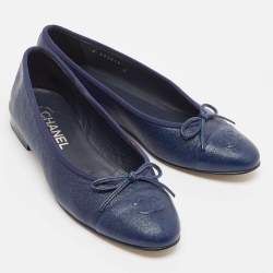 Pre Owned Chanel Navy Blue Leather Cap Toe CC Ballet Flats Size 38.5