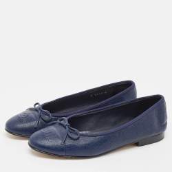 Pre Owned Chanel Navy Blue Leather Cap Toe CC Ballet Flats Size 38.5