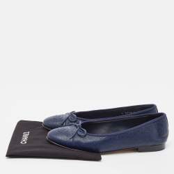 Pre Owned Chanel Navy Blue Leather Cap Toe CC Ballet Flats Size 38.5