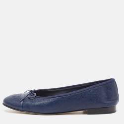 Pre Owned Chanel Navy Blue Leather Cap Toe CC Ballet Flats Size 38.5