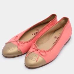 Chanel Pink/Gold Leather CC Cap Toe Bow Ballet Flats 35