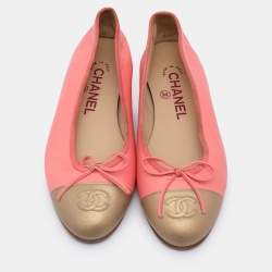 Chanel Pink/Gold Leather CC Cap Toe Bow Ballet Flats 35