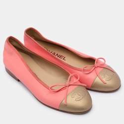 Chanel Pink/Gold Leather CC Cap Toe Bow Ballet Flats 35