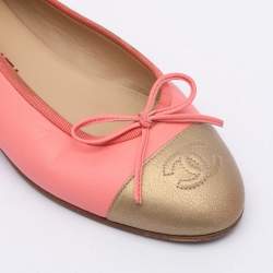 Chanel Pink/Gold Leather CC Cap Toe Bow Ballet Flats 35