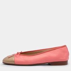 Chanel Pink/Gold Leather CC Cap Toe Bow Ballet Flats 35