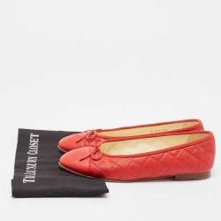 Pre Owned Chanel Red Quilted Leather CC Bow Ballet Flats Size 39