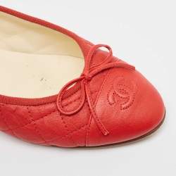 Pre Owned Chanel Red Quilted Leather CC Bow Ballet Flats Size 39