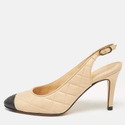 Pre Owned Chanel Beige/Black Quilted Leather CC Cap Toe Slingback Pumps Size 38.5