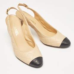 Pre Owned Chanel Beige/Black Quilted Leather CC Cap Toe Slingback Pumps Size 38.5