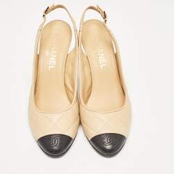 Pre Owned Chanel Beige/Black Quilted Leather CC Cap Toe Slingback Pumps Size 38.5