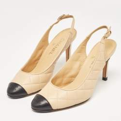 Pre Owned Chanel Beige/Black Quilted Leather CC Cap Toe Slingback Pumps Size 38.5