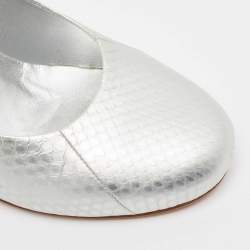 Pre Owned Chanel Silver Embossed Snakeskin CC Round Toe Pumps Size 41