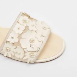Chanel White Leather and Mesh Pearls Embellished  Flat Slides Size 39