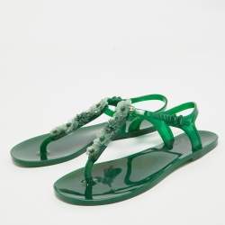 Pre Owned Chanel Green Jelly Embellished CC Thong Flat Sandals Size 40