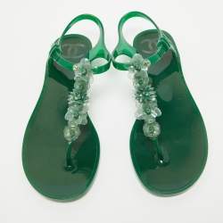 Pre Owned Chanel Green Jelly Embellished CC Thong Flat Sandals Size 40
