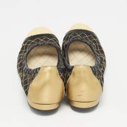 Pre Owned Chanel Black/Gold Mesh and Leather CC Cap Toe Scrunch Ballet Flats Size 35.5
