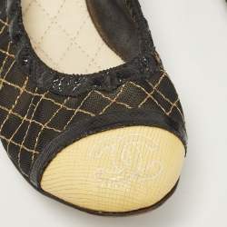 Pre Owned Chanel Black/Gold Mesh and Leather CC Cap Toe Scrunch Ballet Flats Size 35.5