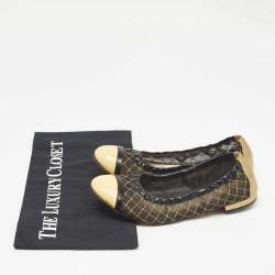 Pre Owned Chanel Black/Gold Mesh and Leather CC Cap Toe Scrunch Ballet Flats Size 35.5