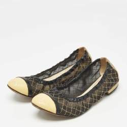 Pre Owned Chanel Black/Gold Mesh and Leather CC Cap Toe Scrunch Ballet Flats Size 35.5