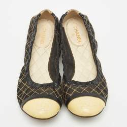Pre Owned Chanel Black/Gold Mesh and Leather CC Cap Toe Scrunch Ballet Flats Size 35.5