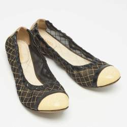 Pre Owned Chanel Black/Gold Mesh and Leather CC Cap Toe Scrunch Ballet Flats Size 35.5