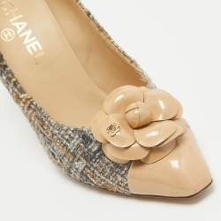 Pre Owned Chanel Grey/Beige Tweed and Patent CC Camellia Pumps Size 38.5