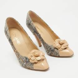 Pre Owned Chanel Grey/Beige Tweed and Patent CC Camellia Pumps Size 38.5