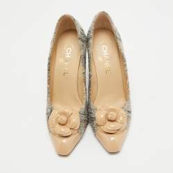 Pre Owned Chanel Grey/Beige Tweed and Patent CC Camellia Pumps Size 38.5