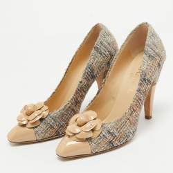 Pre Owned Chanel Grey/Beige Tweed and Patent CC Camellia Pumps Size 38.5