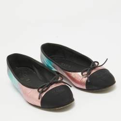 Pre Owned Chanel Metallic/Black Leather and CC Canvas Bow Ballet Flats Size 37.5