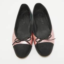 Pre Owned Chanel Metallic/Black Leather and CC Canvas Bow Ballet Flats Size 37.5
