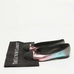 Pre Owned Chanel Metallic/Black Leather and CC Canvas Bow Ballet Flats Size 37.5