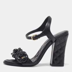Pre Owned Chanel Black Leather Camelia Ankle Strap Block Heel Sandals 37.5