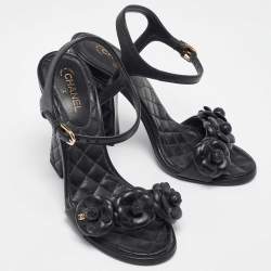 Pre Owned Chanel Black Leather Camelia Ankle Strap Block Heel Sandals 37.5