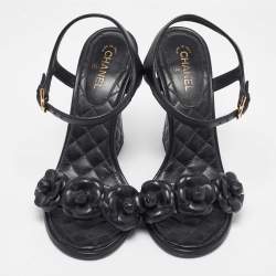 Pre Owned Chanel Black Leather Camelia Ankle Strap Block Heel Sandals 37.5