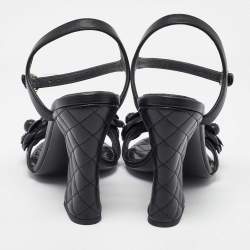 Pre Owned Chanel Black Leather Camelia Ankle Strap Block Heel Sandals 37.5