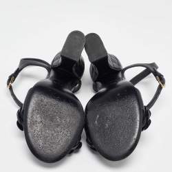 Pre Owned Chanel Black Leather Camelia Ankle Strap Block Heel Sandals 37.5