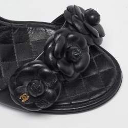 Pre Owned Chanel Black Leather Camelia Ankle Strap Block Heel Sandals 37.5