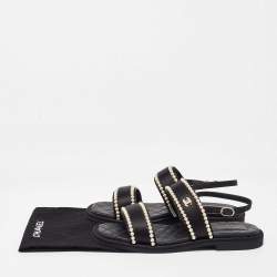 Chanel Black Satin Faux Pearl Embellished Flat Sandals Size 41