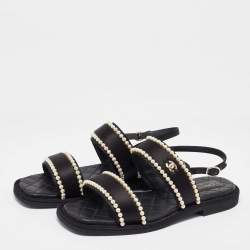Chanel Black Satin Faux Pearl Embellished Flat Sandals Size 41