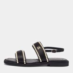 Chanel Black Satin Faux Pearl Embellished Flat Sandals Size 41