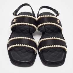 Chanel Black Satin Faux Pearl Embellished Flat Sandals Size 41